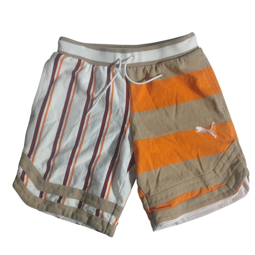 Puma Mens XS Striped Basketball Shorts Tan‎ Orange White Mesh Lined Athletic